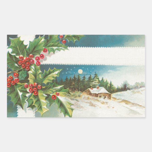 Weihnachtslandschaft Holly Snow Winter Rechteckiger Aufkleber (Vorderseite)
