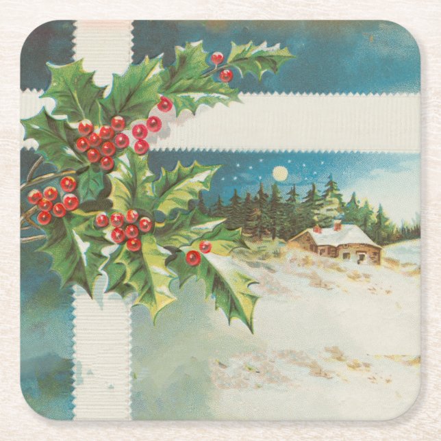 Weihnachtslandschaft Holly Snow Winter Rechteckiger Pappuntersetzer (Vorderseite)