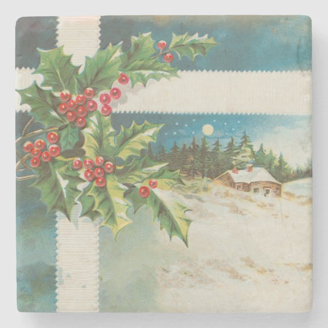 Weihnachtslandschaft Holly Snow Winter Steinuntersetzer (Vorderseite)
