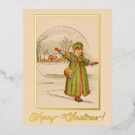 Weihnachtslandschaft Kindermädchen Grünes Kleid Folien Feiertagspostkarte