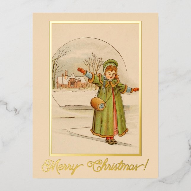Weihnachtslandschaft Kindermädchen Grünes Kleid Folien Feiertagspostkarte (Vorderseite)