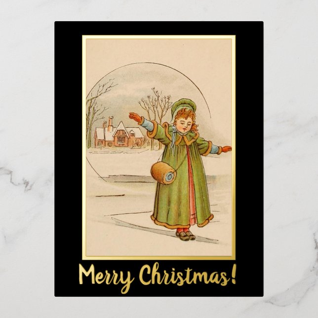 Weihnachtslandschaft Kindermädchen Schwarzes Kleid Folien Feiertagspostkarte (Vorderseite)