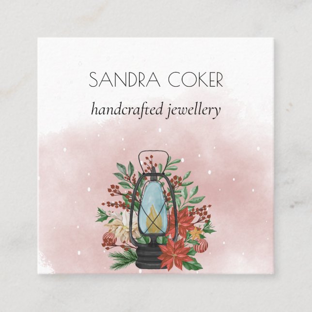 Weihnachtslattern mit Blume poinsettia Necklace Quadratische Visitenkarte (Vorderseite)