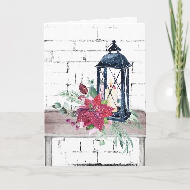 Weihnachtslattern und Poinsettias Feiertagskarte (Vorderseite)