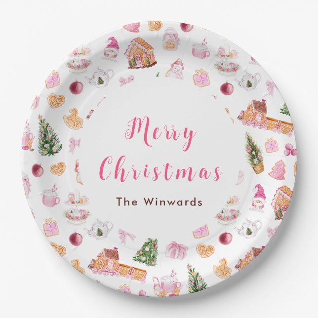 Weihnachtslebkuchen Rosa Frohe Weihnachten Pappteller (Vorderseite)