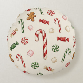 Weihnachtsleckereien und Zuckerstangen, beige Hint Rundes Kissen