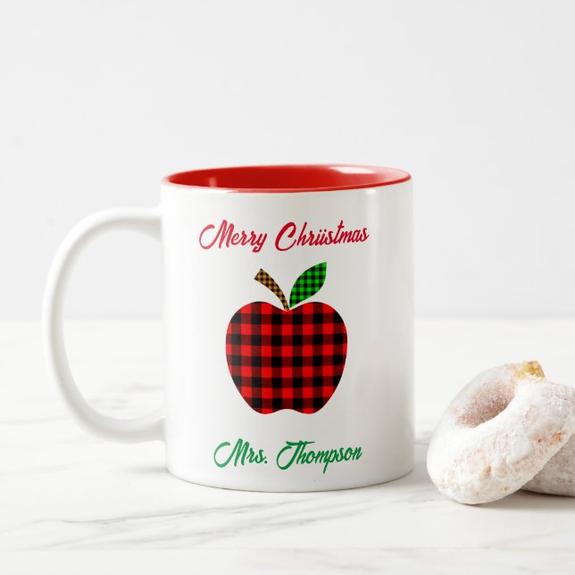 Weihnachtslehrer Red Kariert Apple Individuelle Na Zweifarbige Tasse (Mit Donut)