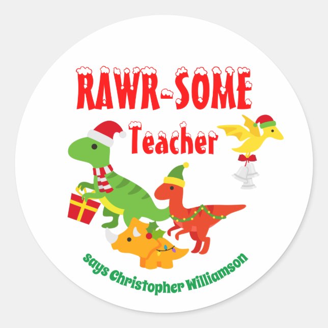 Weihnachtslehrer Wertschätzung Kinder Dinosaurier  Runder Aufkleber (Vorderseite)