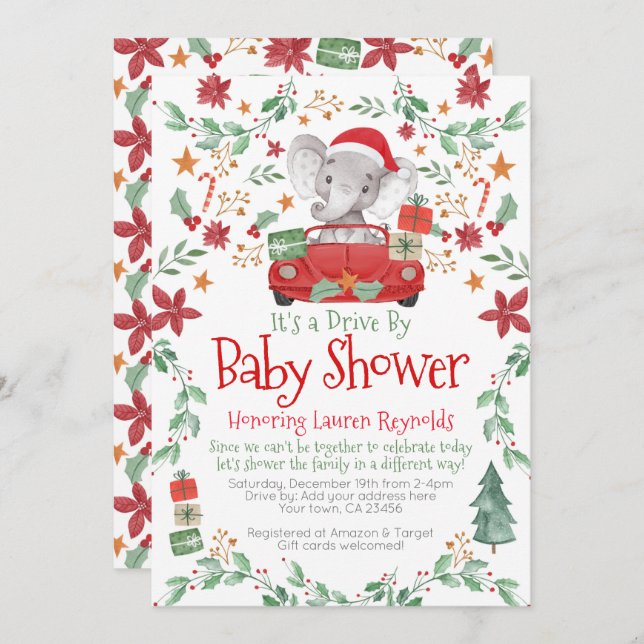 Weihnachtslephant Drive by Baby Shower Einladung (Vorne/Hinten)
