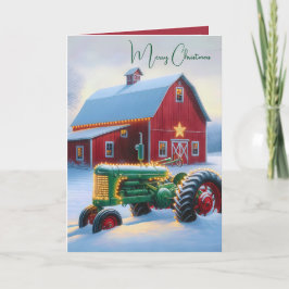 Weihnachtsleuchten auf einem grünen Bauerntraktor Feiertagskarte