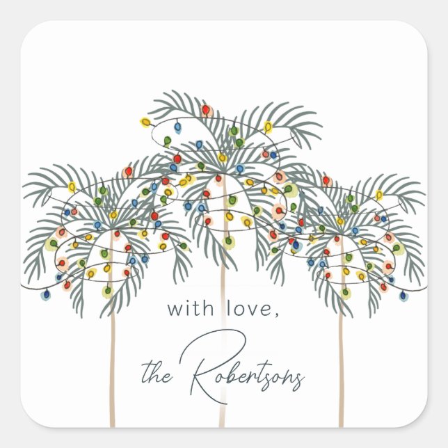 Weihnachtsleuchten auf Palmen Custom Square Stick Quadratischer Aufkleber (Vorderseite)
