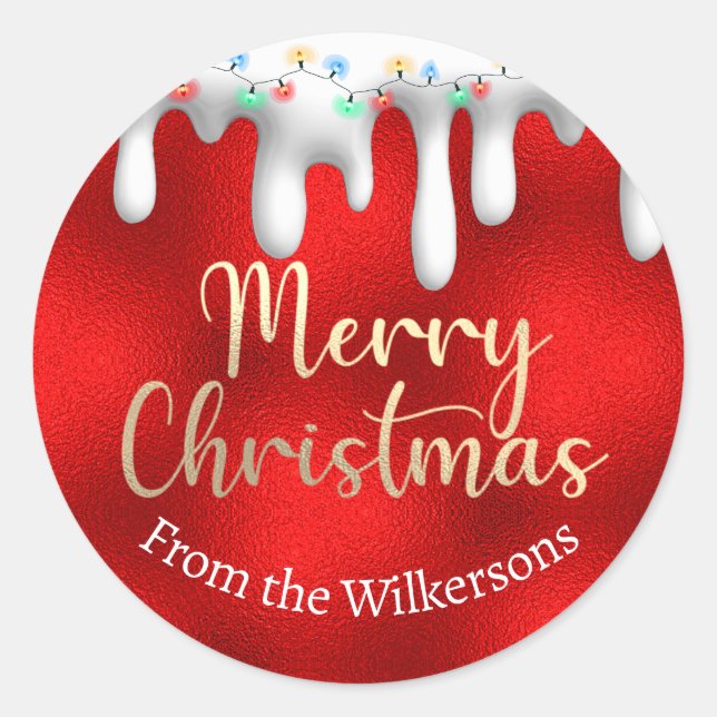 Weihnachtslicht auf Schnee Gold und Roter Individu Runder Aufkleber (Vorderseite)