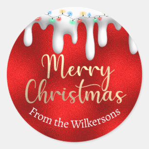 Weihnachtslicht auf Schnee Gold und Roter Individu Runder Aufkleber