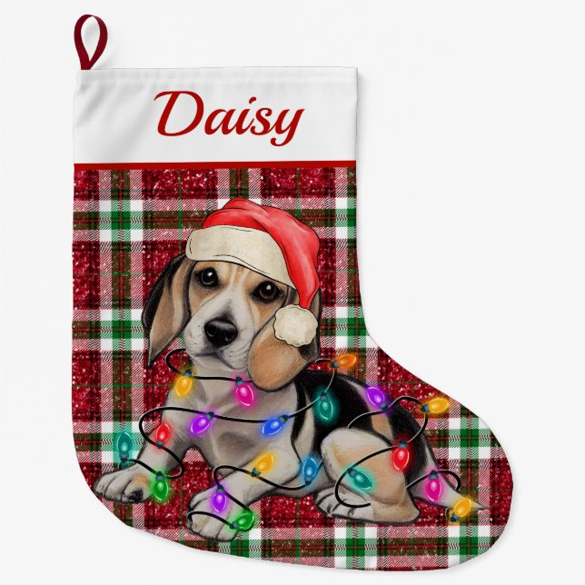 Weihnachtslicht Beagle Funkelnd Kariert Tartan Großer Weihnachtsstrumpf (Vorderseite)