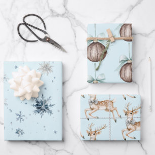 Weihnachtslicht Blaue Schneeflocken Hirsch Kokosnu Geschenkpapier Set