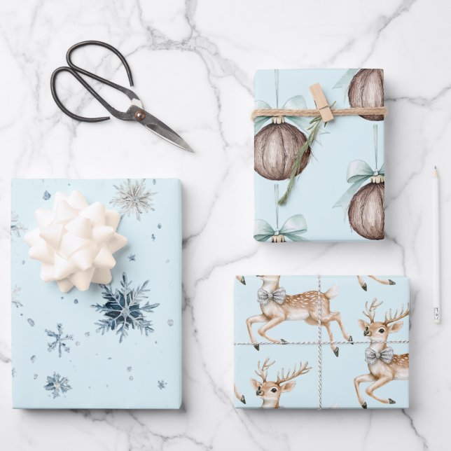 Weihnachtslicht Blaue Schneeflocken Hirsch Kokosnu Geschenkpapier Set (Vorderseite)