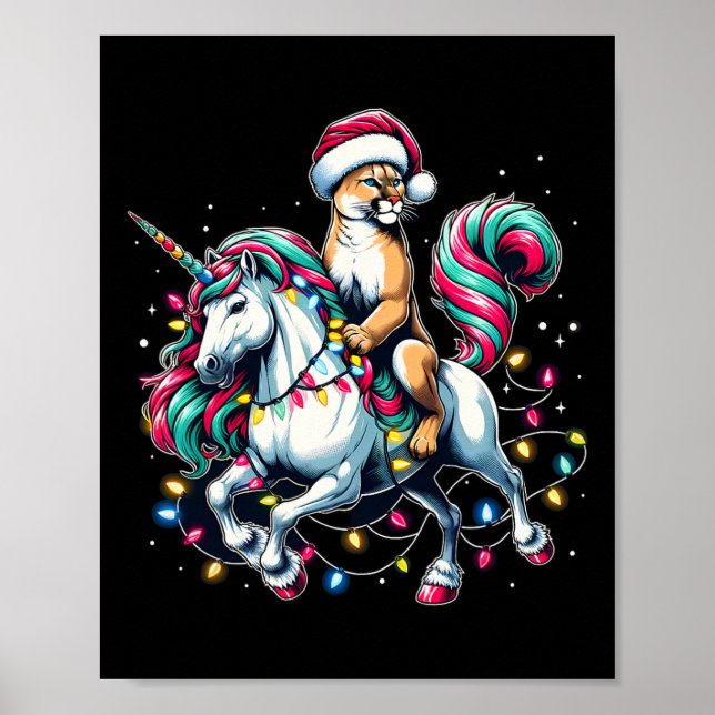 Weihnachtslicht Cougar Riding Einhorn Poster (Vorne)