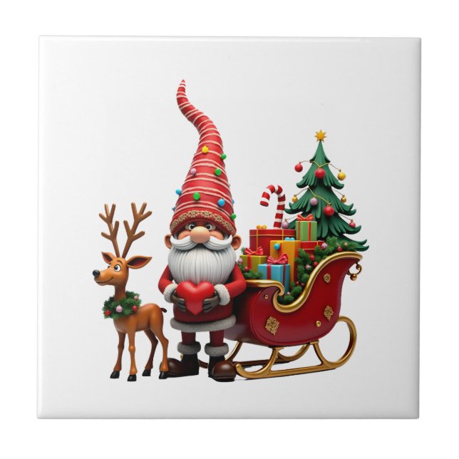 Weihnachtslicht-Gnom Weihnachtsmann auf Schlitten  Fliese (Vorderseite)