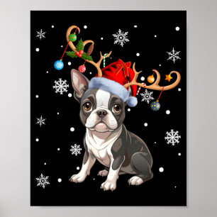 Weihnachtslicht-Rentier-Santa-Hut Boston Terrier Poster