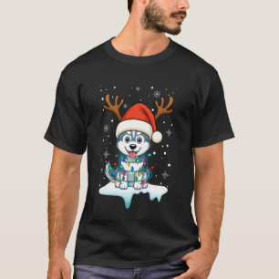 Weihnachtslicht Schnee Rentier Santa Hut Husky Xma T-Shirt