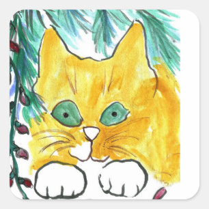 Weihnachtslicht-Schnur und die Katze Quadratischer Aufkleber