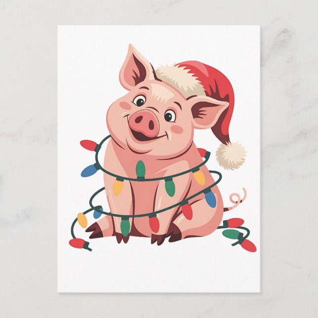 Weihnachtslicht Schwein mit Weihnachtshut - Pig Lo Ankündigungspostkarte (Vorderseite)