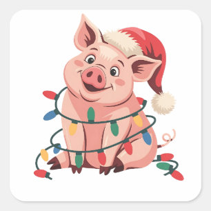 Weihnachtslicht Schwein mit Weihnachtshut - Pig Lo Quadratischer Aufkleber