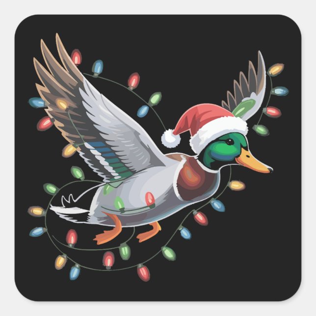 WeihnachtsLICHTE der Flying Santa Duck Jägersaison Quadratischer Aufkleber (Vorderseite)