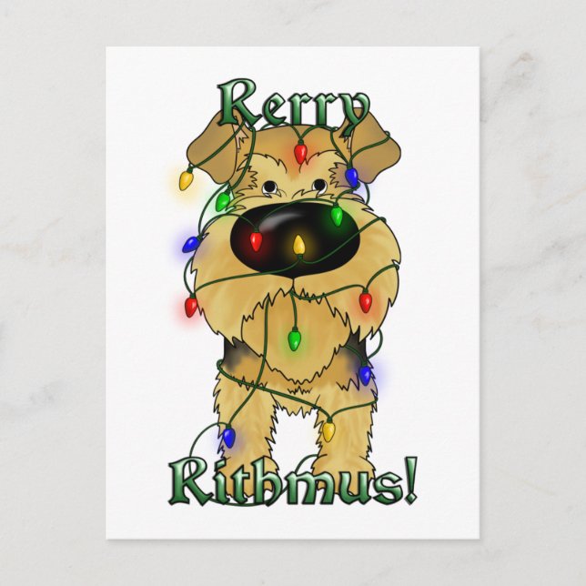 Weihnachtslichter Airedales Terrier Feiertagspostkarte (Vorderseite)