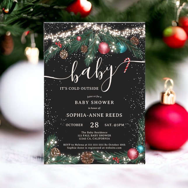 Weihnachtslichter Schneekiefer Babydusche Einladung (Winter Christmas lights snowy pine baby shower Invitation)