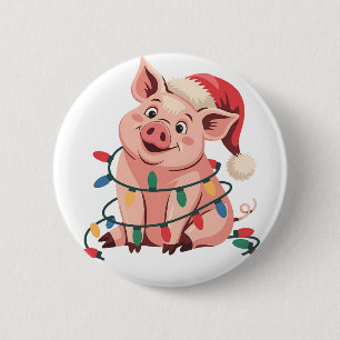 Weihnachtslichter Schwein mit Xmas Hut - Schwein L Button