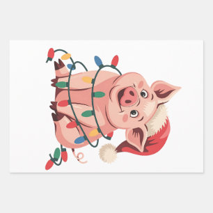 Weihnachtslichter Schwein mit Xmas Hut - Schwein L Geschenkpapier Set