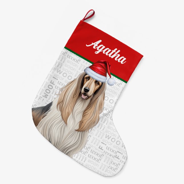 Weihnachtslieder Afghanischer Hundshund Name Woof  Großer Weihnachtsstrumpf (Vorderansicht (hängend))