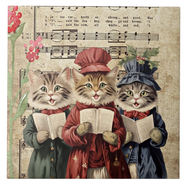 Weihnachtslieder singende Katzen Fliese (Vorderseite)