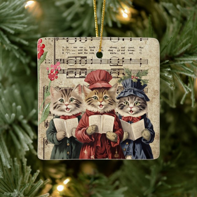Weihnachtslieder singende Katzen Keramikornament (Baum)