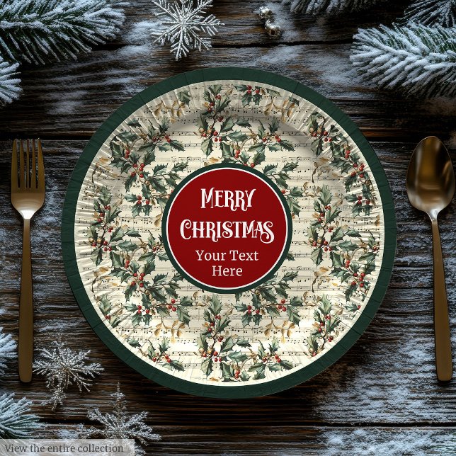 Weihnachtslieder-Teller Pappteller (Vintage Christmas carols music holly berry plates)