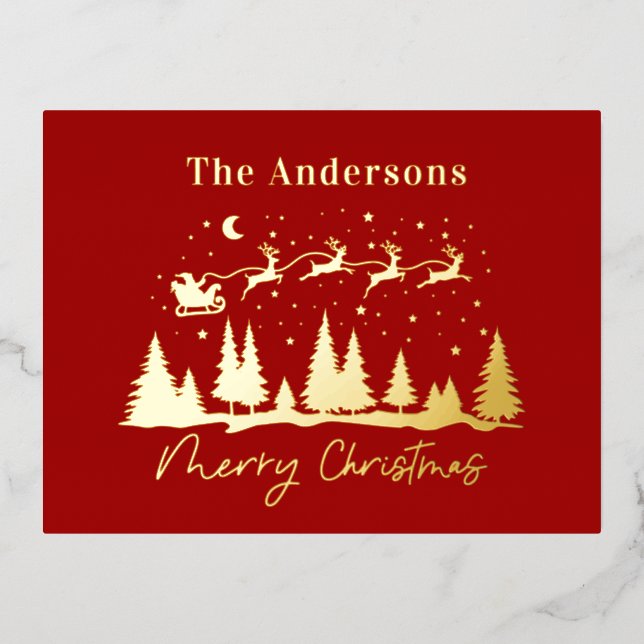 Weihnachtslieder und RentierSchlitten Folien Feiertagspostkarte (Vorderseite)