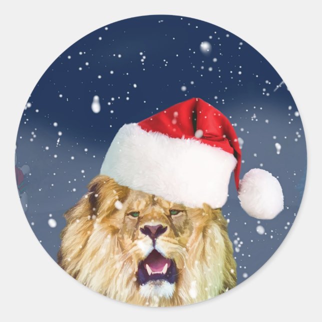 Weihnachtslion in Weihnachtsmannmütze Sticker (Vorderseite)