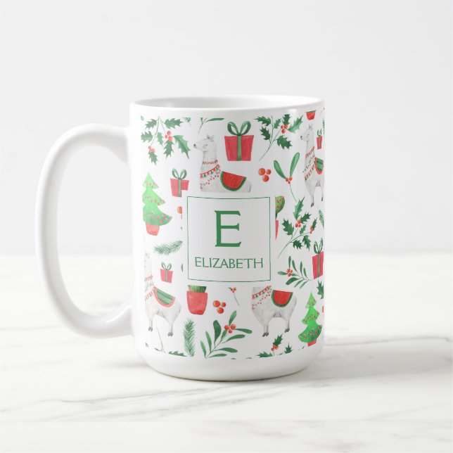 Weihnachtsllamas, Kakteen, Berries, Baummonogramm Kaffeetasse (Links)
