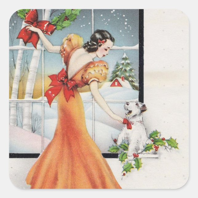 Weihnachtsmädchen an einem Fenster mit ihrem Hund Quadratischer Aufkleber (Vorderseite)
