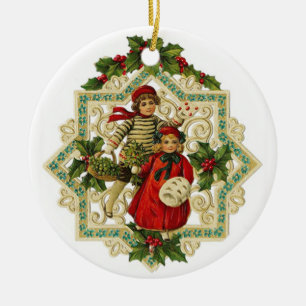 Weihnachtsmädchen auf besticktem vintage Schneeflo Keramikornament