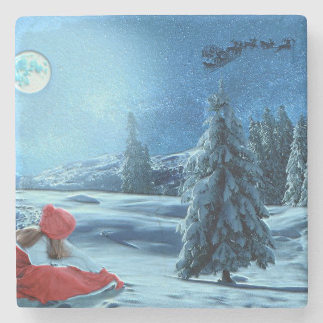 Weihnachtsmädchen auf Schlitten Steinuntersetzer (Vorderseite)