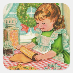 Weihnachtsmädchen aus den 1950er Jahren beim Backe Quadratischer Aufkleber