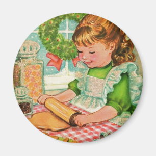 Weihnachtsmädchen beim Backen von Keksen, Vintage  Magnet
