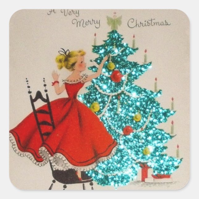 Weihnachtsmädchen Dekorationsbaum Quadratischer Aufkleber (Vorderseite)