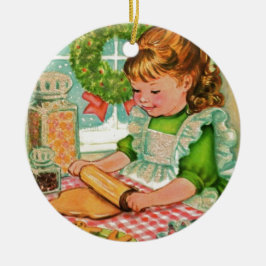 Weihnachtsmädchen der 1950er Jahre backen Cookies Keramikornament