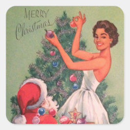 Weihnachtsmädchen der 1950er Jahre dekorativer Bau Quadratischer Aufkleber