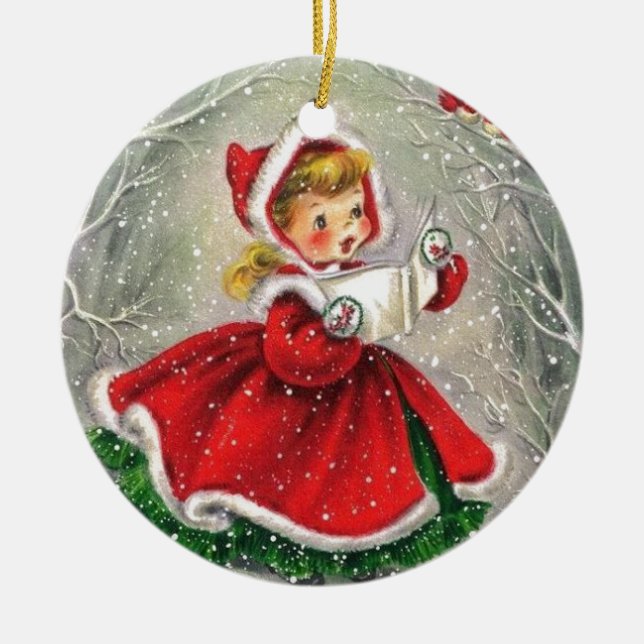 Weihnachtsmädchen der 50er Jahre in Kleidung Keramikornament (Vorne)