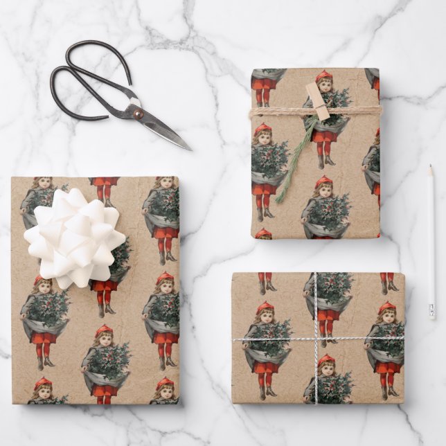Weihnachtsmädchen & Holly Berries Kraft Geschenkpapier Set (Vorderseite)
