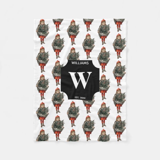 Weihnachtsmädchen & Holly Berries Mit Monogramm Fleecedecke (Vorderseite)